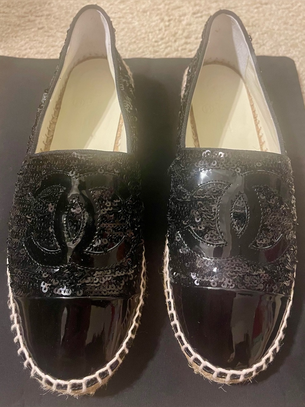 Chanel Patent Sequin CC Espadrilles size 38 Black